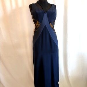 Peggy Jennings Navy Satin Midi Dress with Lace Sides - size Small